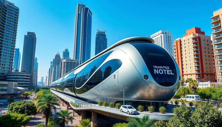 Futuristic train pod hotel in urban Singapore with trees and buildings.