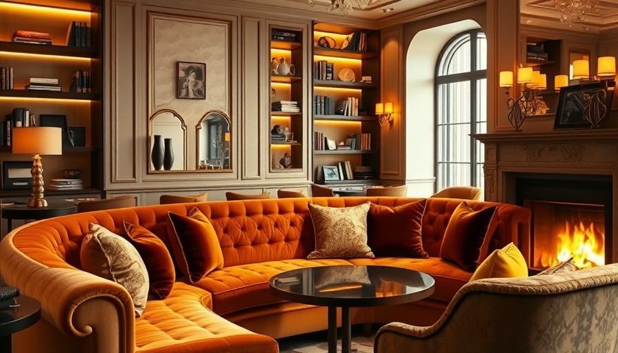 Luxurious hotel lounge with golden velvet sofa and elegant fireplace decor.