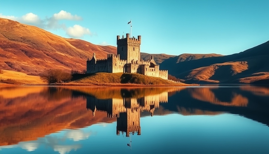 Historic Scottish castle on a tranquil loch during a barge cruise in Scotland.