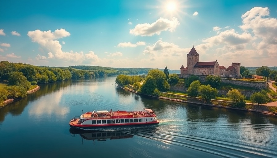 Aerial view of barge cruise near castle ruins, Summer 2023.