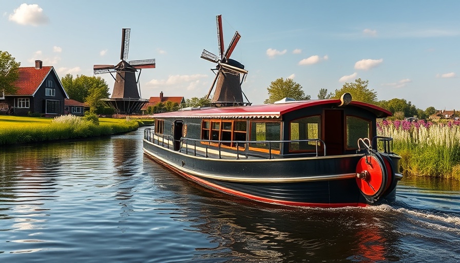 Traditional Dutch barge cruises past a windmill on a sunny day.