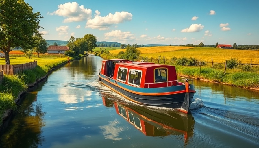 Barge cruising in peaceful canal near countryside, special offers on barge cruises.