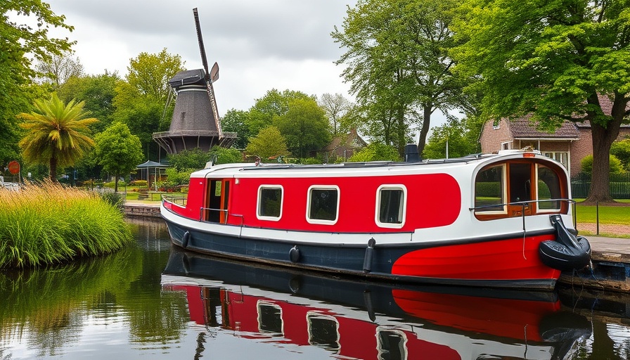 Dutch Barge Cruises scene with barge and windmill.