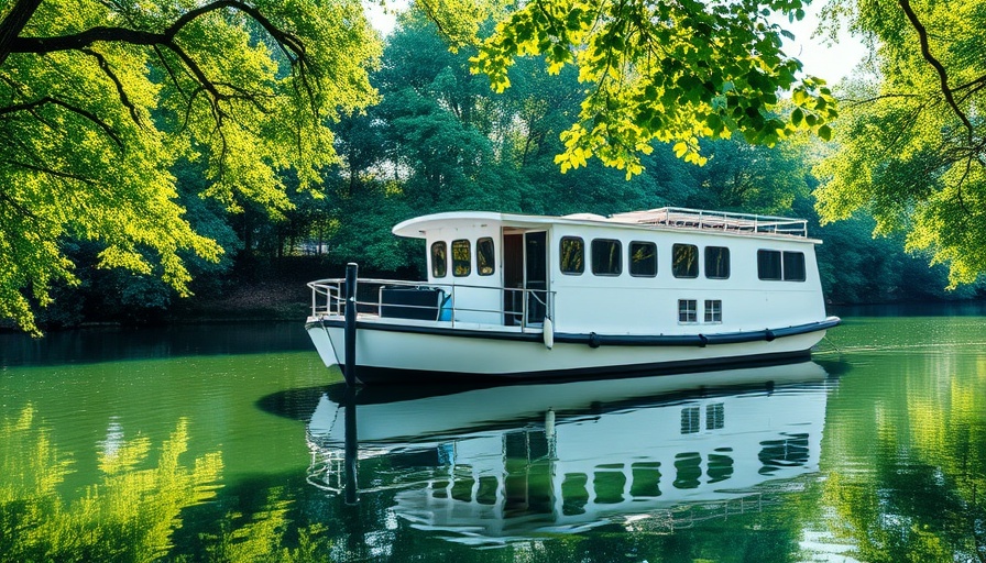 Serene white barge on river: 2023 Barge Cruise Offers.
