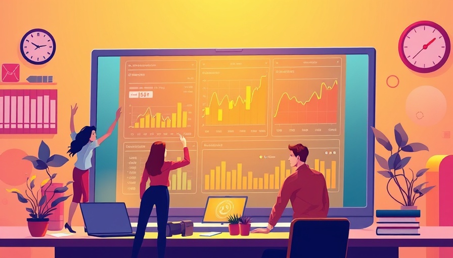 Illustration of people engaging with financial data on a laptop for Duetto acquires financial benchmarking platform HotStats.