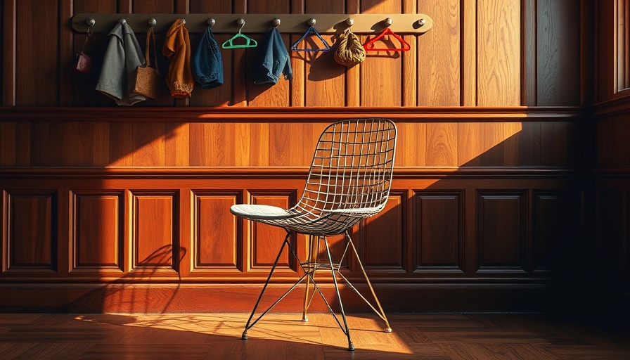 Stylish mid-century interior featuring Eames chair, colorful decor, wooden walls.