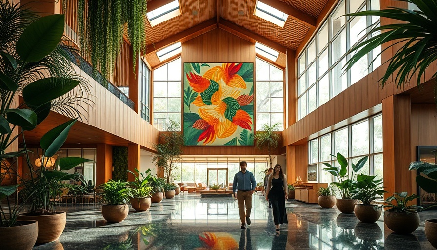 Modern carbon-positive hotel lobby in Seattle with bright art and plants.