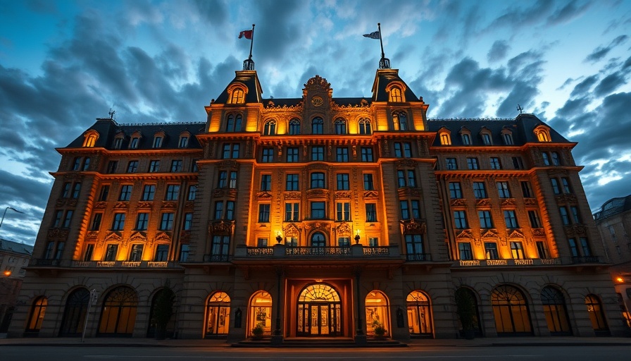 Grand hotel building owned by KHP Capital, well-lit at dusk.