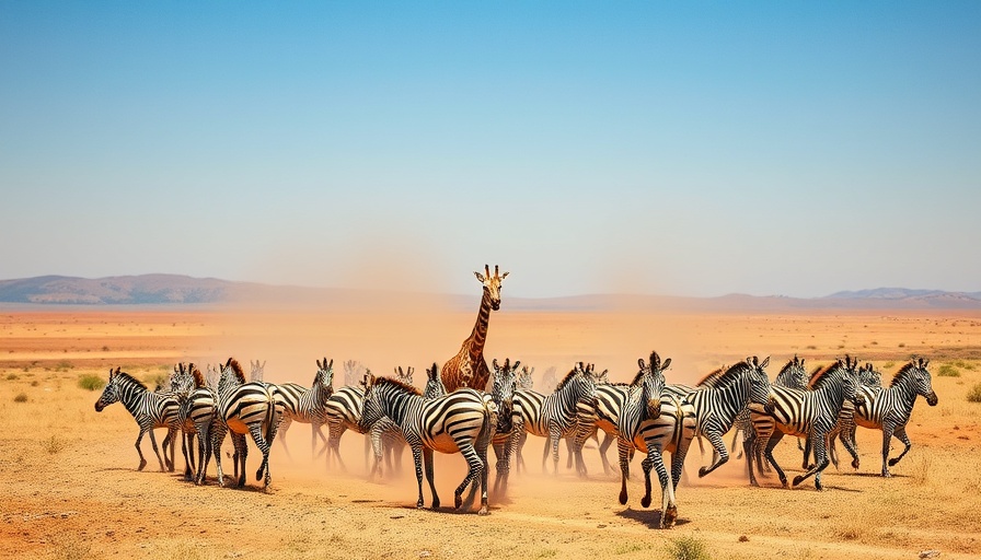Zebras and giraffe during Great Migration in Africa, dry landscape.