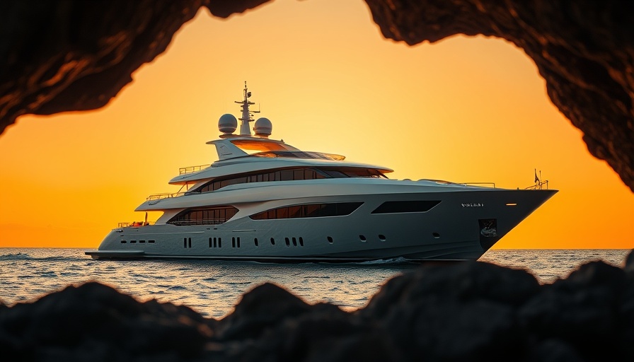 Luxurious superyacht framed by rocks at sunset in top destination.