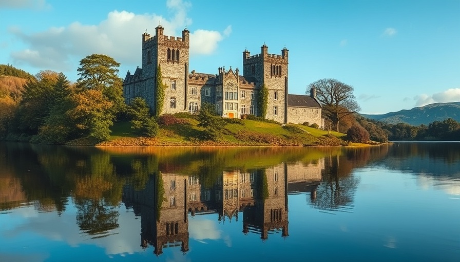Romantic Irish honeymoon hotel with castle and lake reflection.