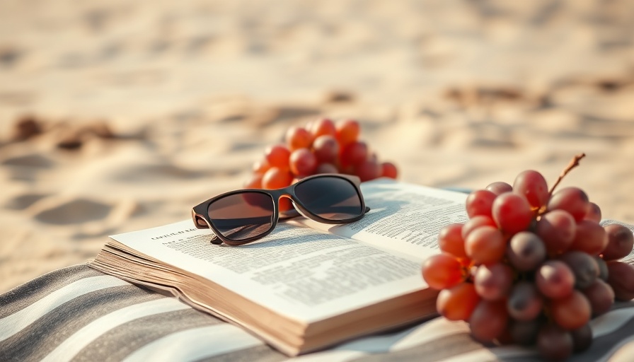 Open book with sunglasses and grapes on a beach towel.