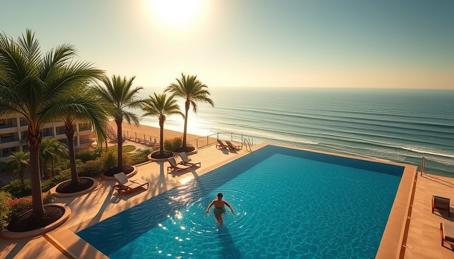 Luxurious hotel rooftop pool with ocean view and palm trees.