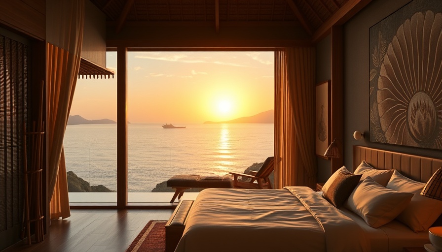 Luxury hotel with hyper-local design overlooking ocean at sunset.