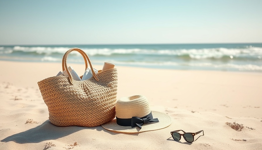 Luxury beach vacation essentials: straw bag, sunhat, and sunglasses on sand.