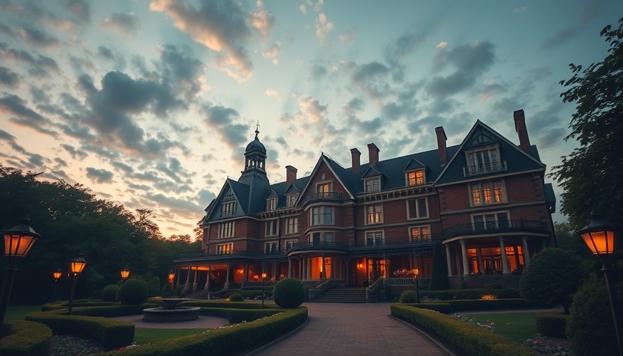 Elegant historic hotel surrounded by lush greenery.