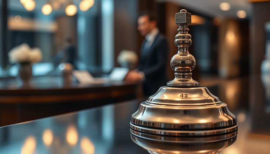 Luxury travel concierge bell on a dark wooden desk.