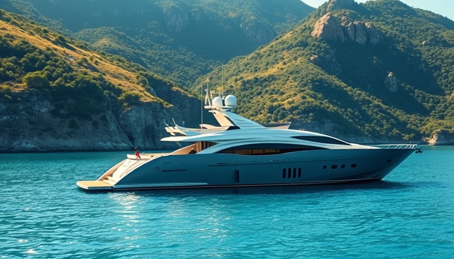 Sleek luxury yacht by lush hillside, luxury yacht charters.