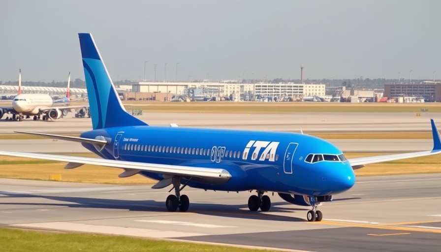 ITA Airways airplane on runway at Arabian Travel Market.
