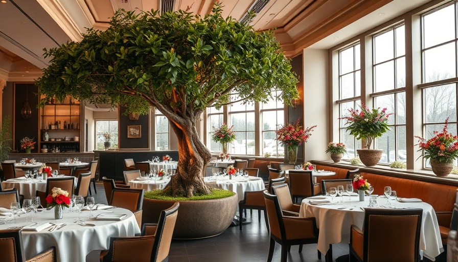 Elegant restaurant in the best city in the world with tree centerpiece.