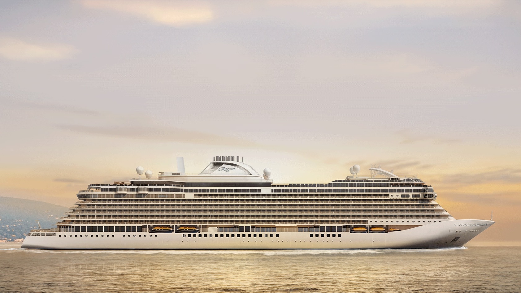 Luxurious cruise ship sailing in open ocean under clear sky, luxury travel. Regent Seven Seas Prestige