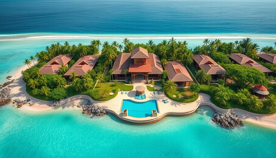 Luxurious beachfront resort aerial view in tranquil setting.