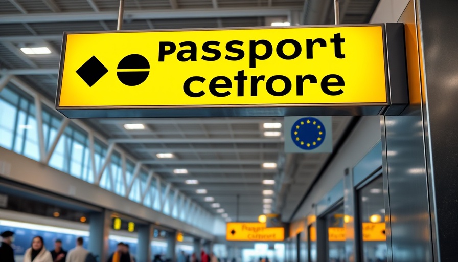 Bright yellow passport control sign with EU emblem, highlighting UK immigration rules and luxury travel.