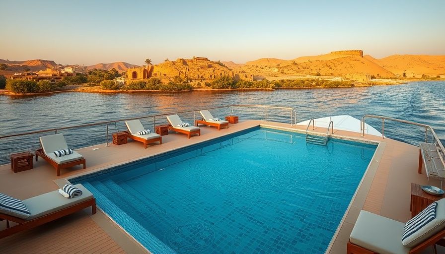 Luxurious Nile River cruise deck with pool and scenic background.