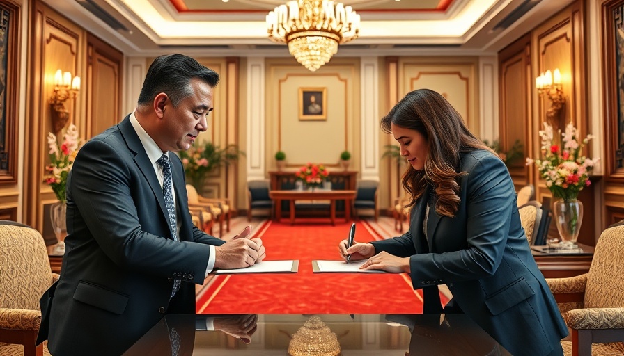 Formal meeting depicts signing of partnership at conference.