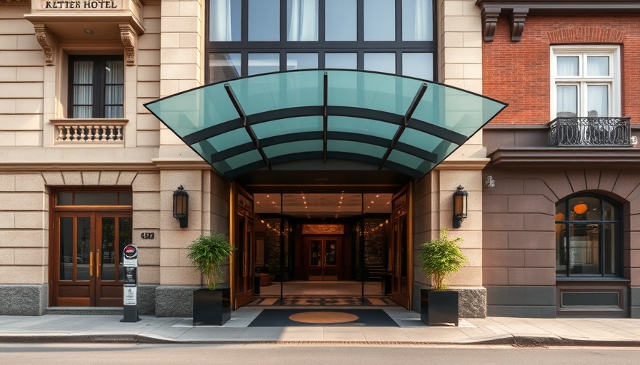 Elegant facade of luxury hotel with glass canopy entrance