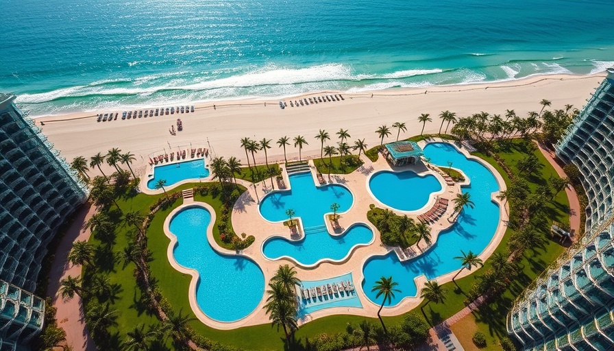 Aerial view of a luxury beach resort with pools and ocean.