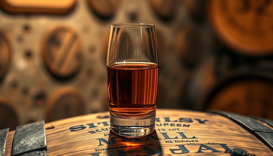 Glass of best single malt Scotch whisky on wooden barrel.