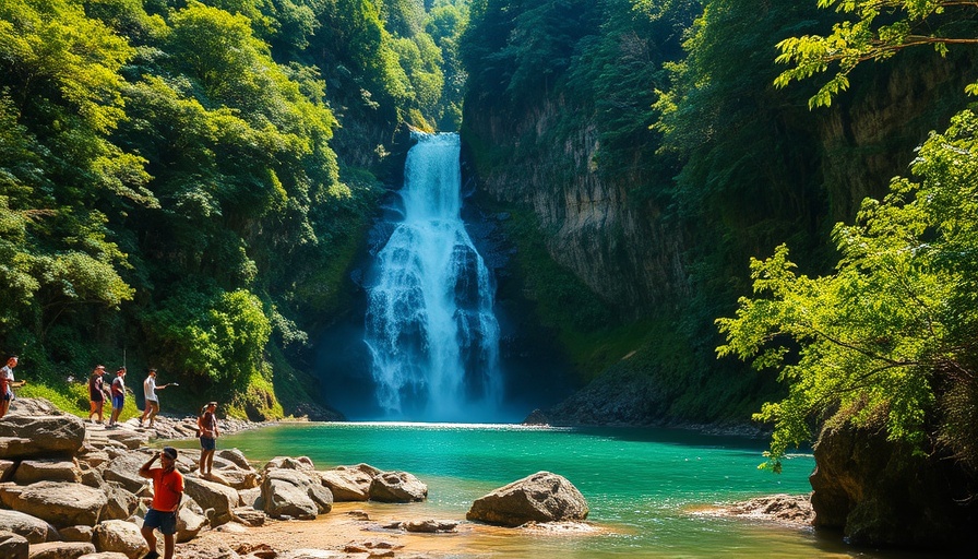 Cavalcante waterfalls with lush greenery and visitors enjoying the scene.