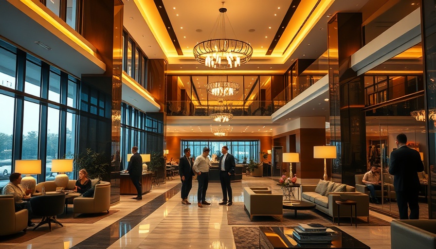 Eco-friendly hotel lobby with guests chatting, showcasing sustainable design.