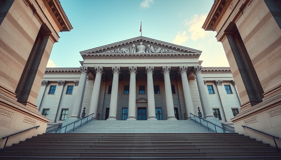 Majestic government building with columns under morning light.