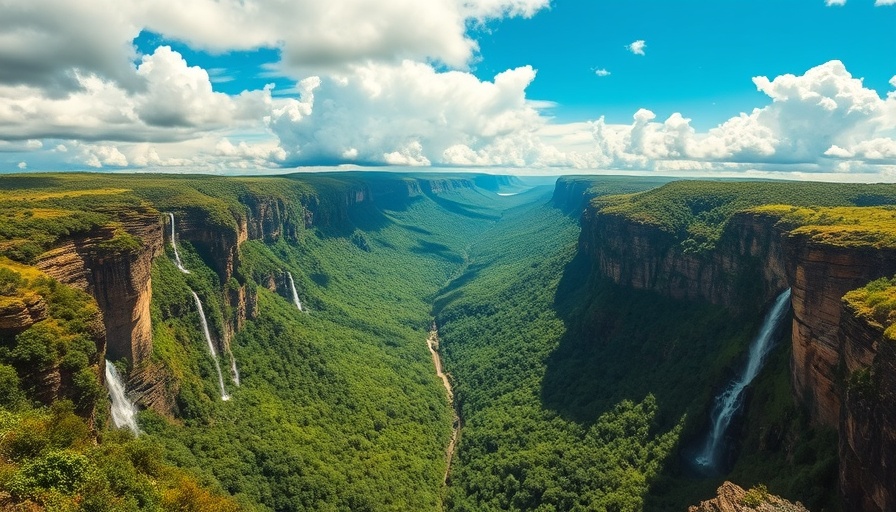 Lush cliffs with waterfalls in Alto Paraíso, vibrant sky overhead.