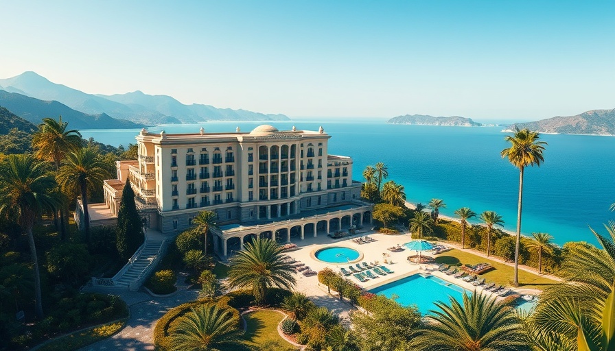 Elegant luxury hotel exterior with gardens and azure sky, Hôtel Belles Rives concierge services.