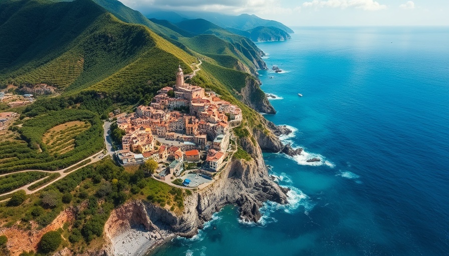 Aerial view of a European coastal village and ocean.