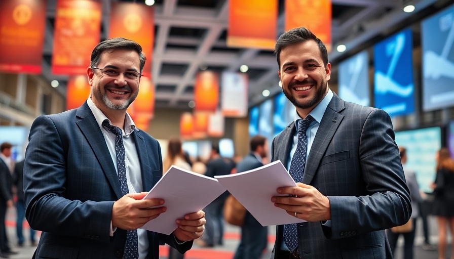 Business executives signing a global events partnership agreement at a conference.