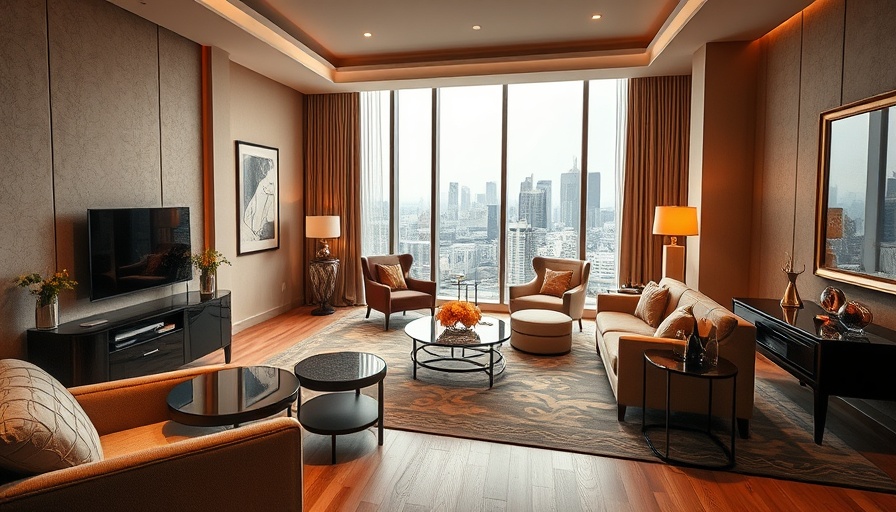 Elegant luxury boutique hotel room with city view, warm tones.