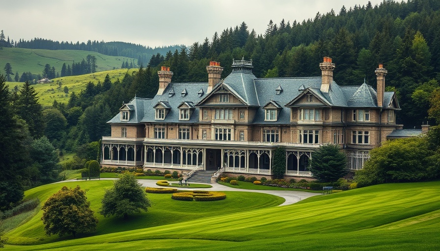 Victorian luxury hotel with mountain backdrop in lush greenery.