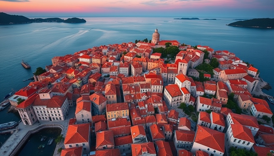Aerial twilight view of Dubrovnik Old Town's terracotta rooftops and coastal waters.