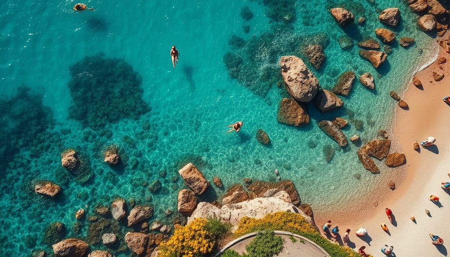 Turquoise beach scene with swimming people and rocky shores.