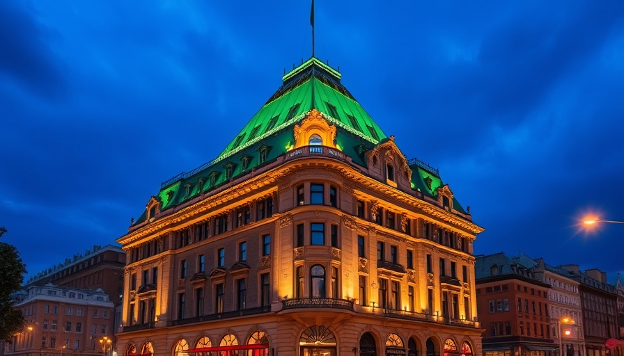 Luxury boutique hotel with green roof at night.