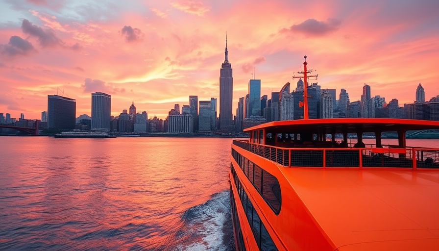 Aerial view of a ferry heading towards Manhattan skyline at sunset.