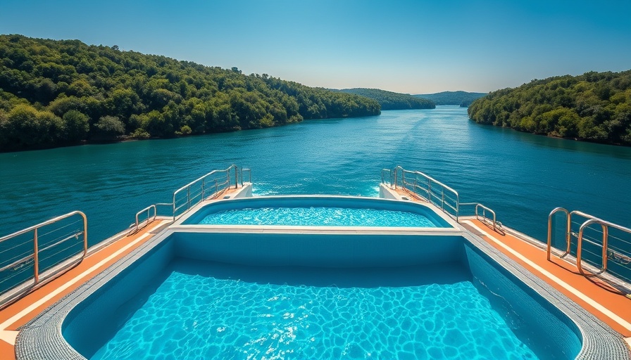 Luxury river cruise ship with rooftop pool and scenic river view.