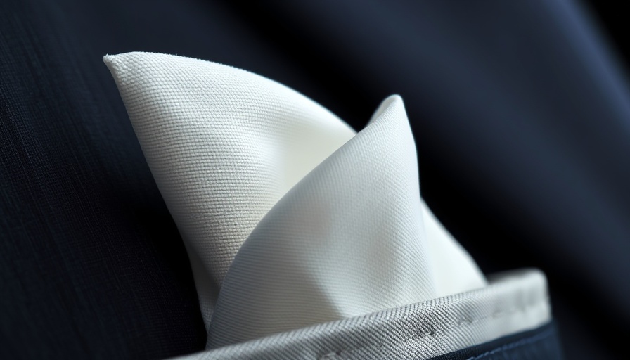 Elegant white pocket square neatly folded in a suit pocket.