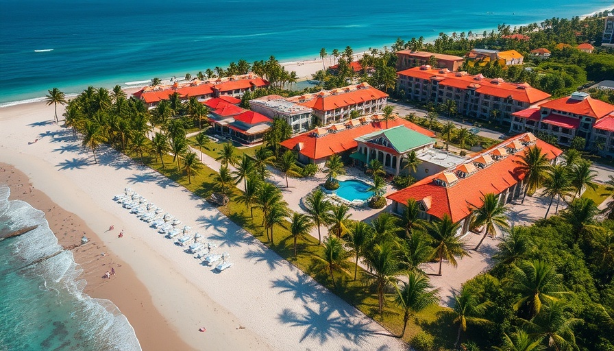 Aerial view of colorful resort villas and beachfront in Tobago.