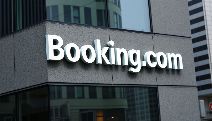 European hoteliers face Booking.com sign on modern building facade.