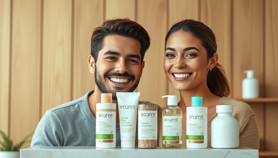 Smiling couple and eco-friendly bottles in a sustainable hotel setting.